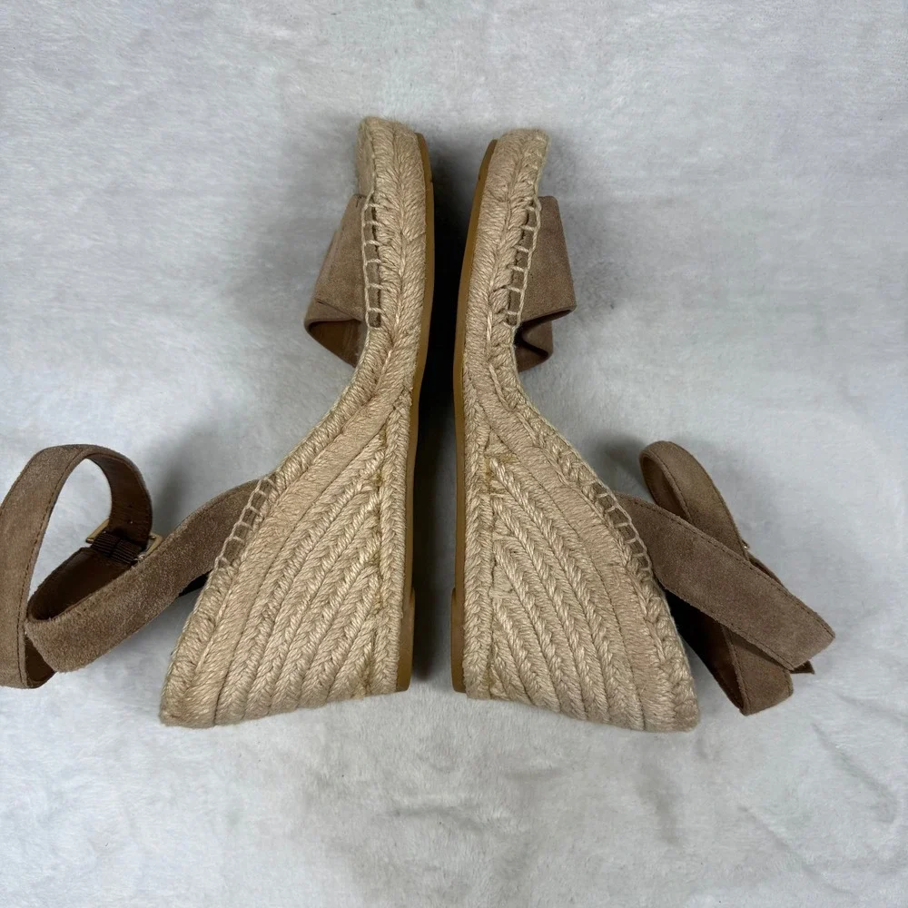 Tory Burch Ines Suede Espadrille Wedge Sandals Brown Ankle Strap 4in Heel 7.5